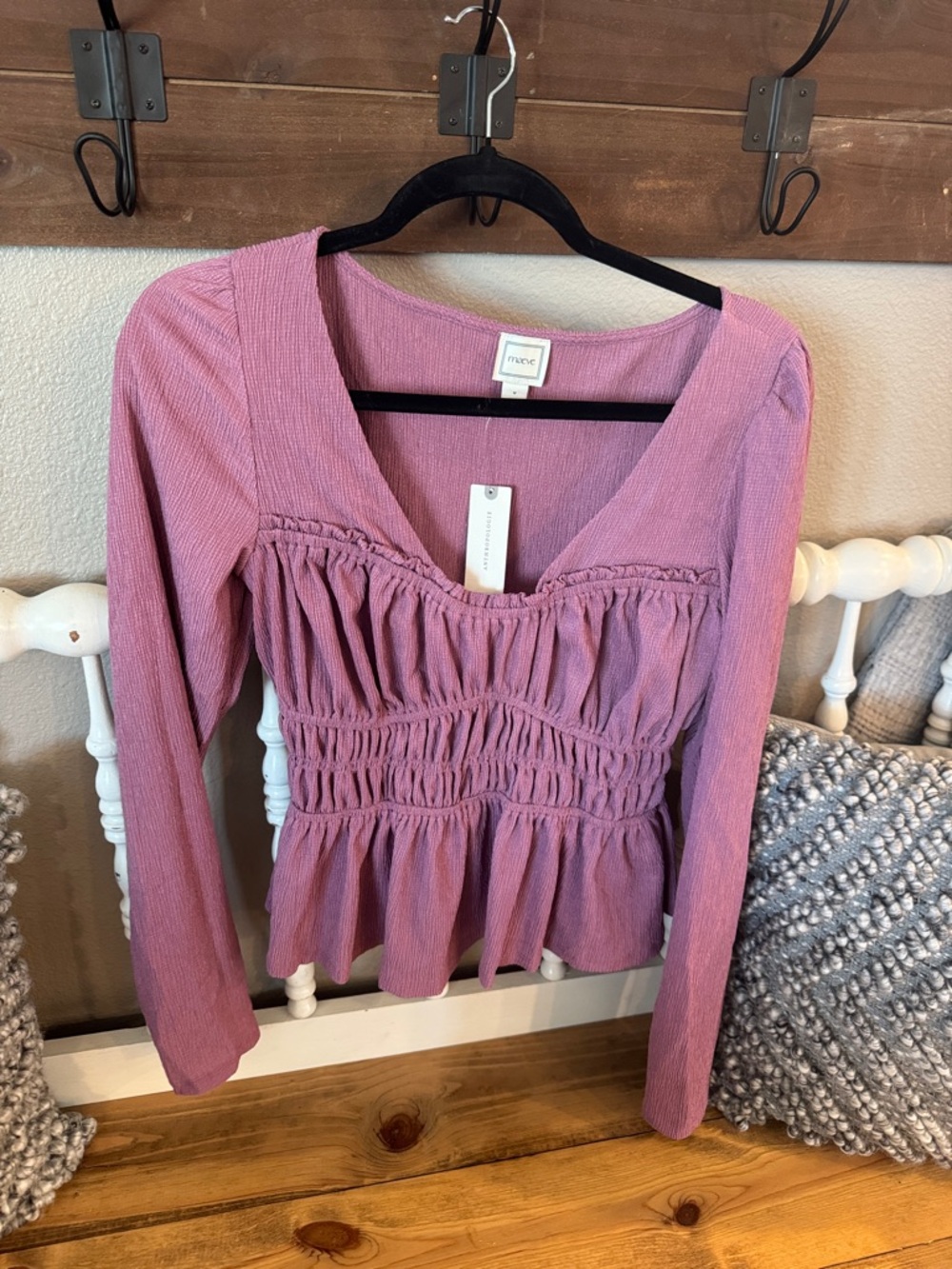 Anthropologie-Maeve-Smocked Long Sleeve Peplum Top